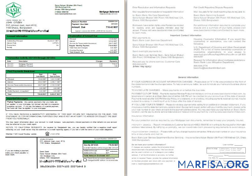 Realistic Bangladesh Basic Bank bank mortgage statement, 2 pages, 1 2 scr template